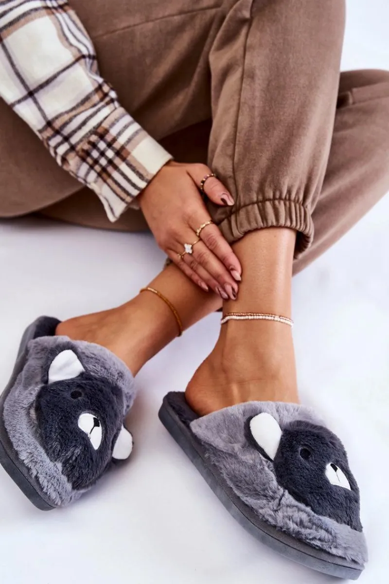 Clearance Damskie Futrzane Papcie Z Misiem Szare Solly Damskie Kapcie Klasyczne
