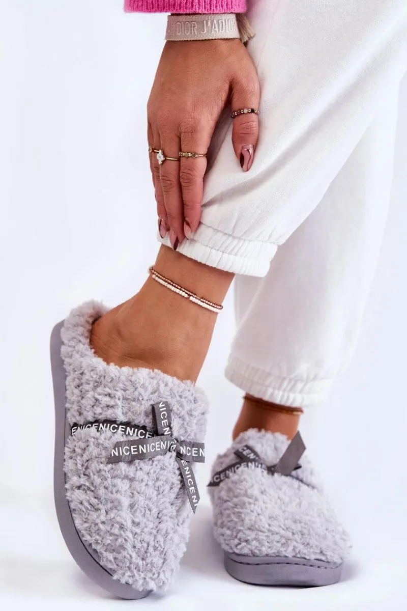 Kapcie Klasyczne>Boto Damskie Futrzane Papcie Z Kokardką Szare Ryana