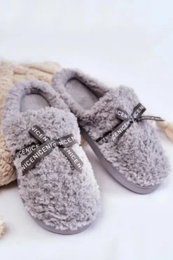 Kapcie Klasyczne>Boto Damskie Futrzane Papcie Z Kokardką Szare Ryana
