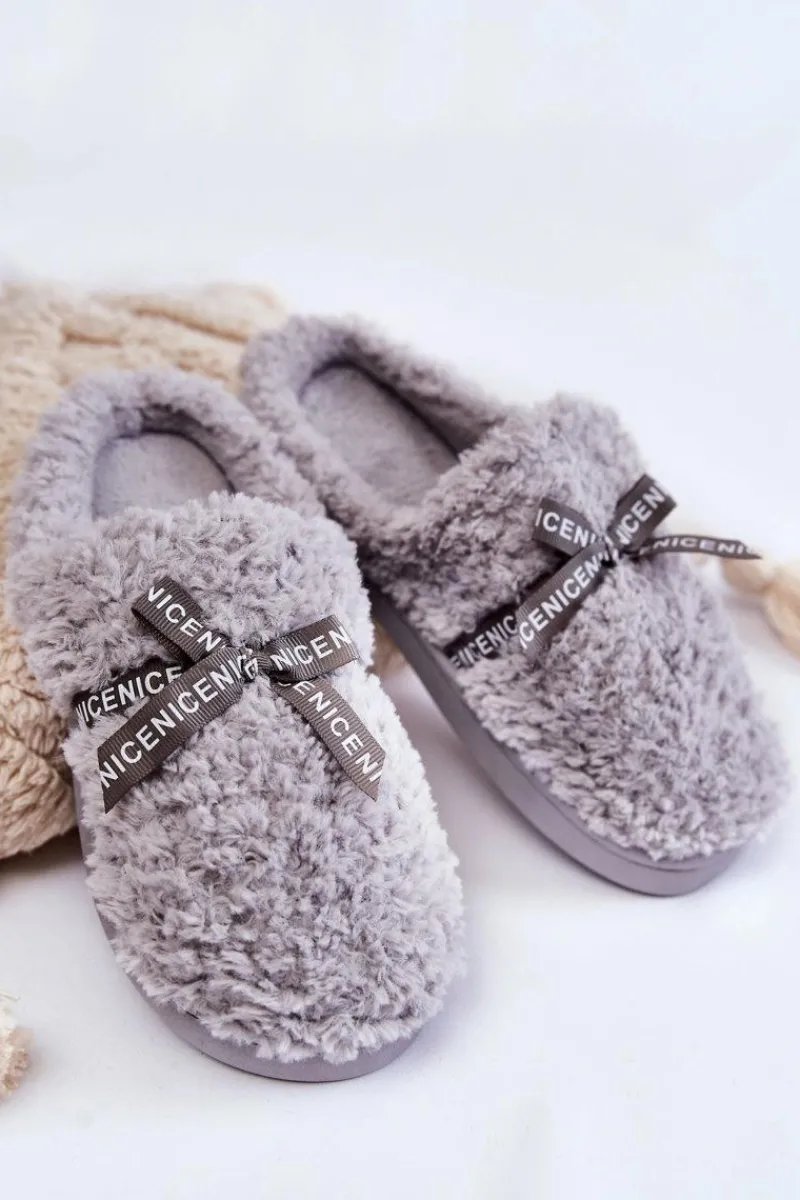 Kapcie Klasyczne>Boto Damskie Futrzane Papcie Z Kokardką Szare Ryana