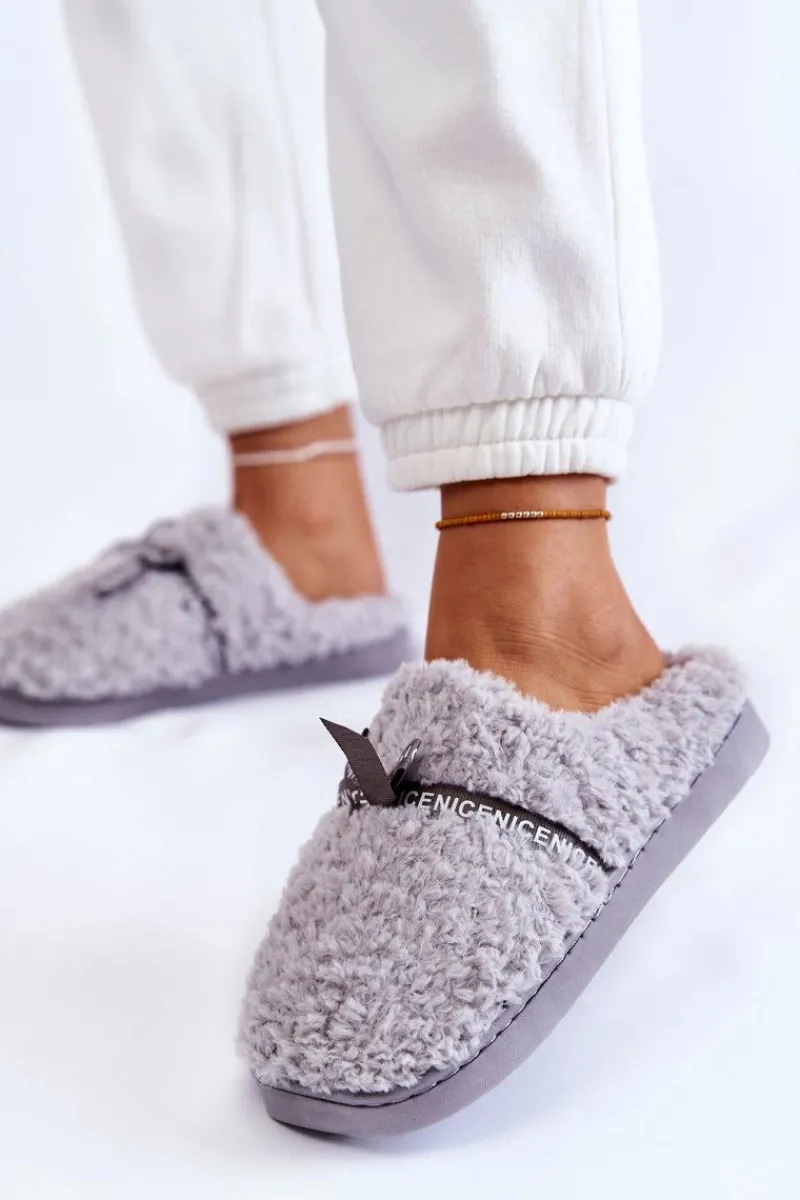 Kapcie Klasyczne>Boto Damskie Futrzane Papcie Z Kokardką Szare Ryana