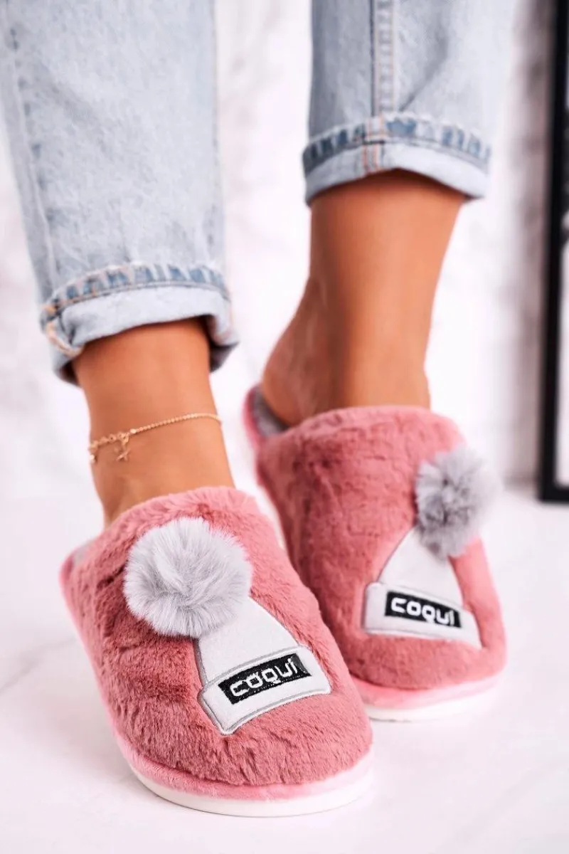 Kapcie Klasyczne>Boto Damskie Futrzane Papcie Z Czapką I Pomponem Pudrowy Róż Keep Warm