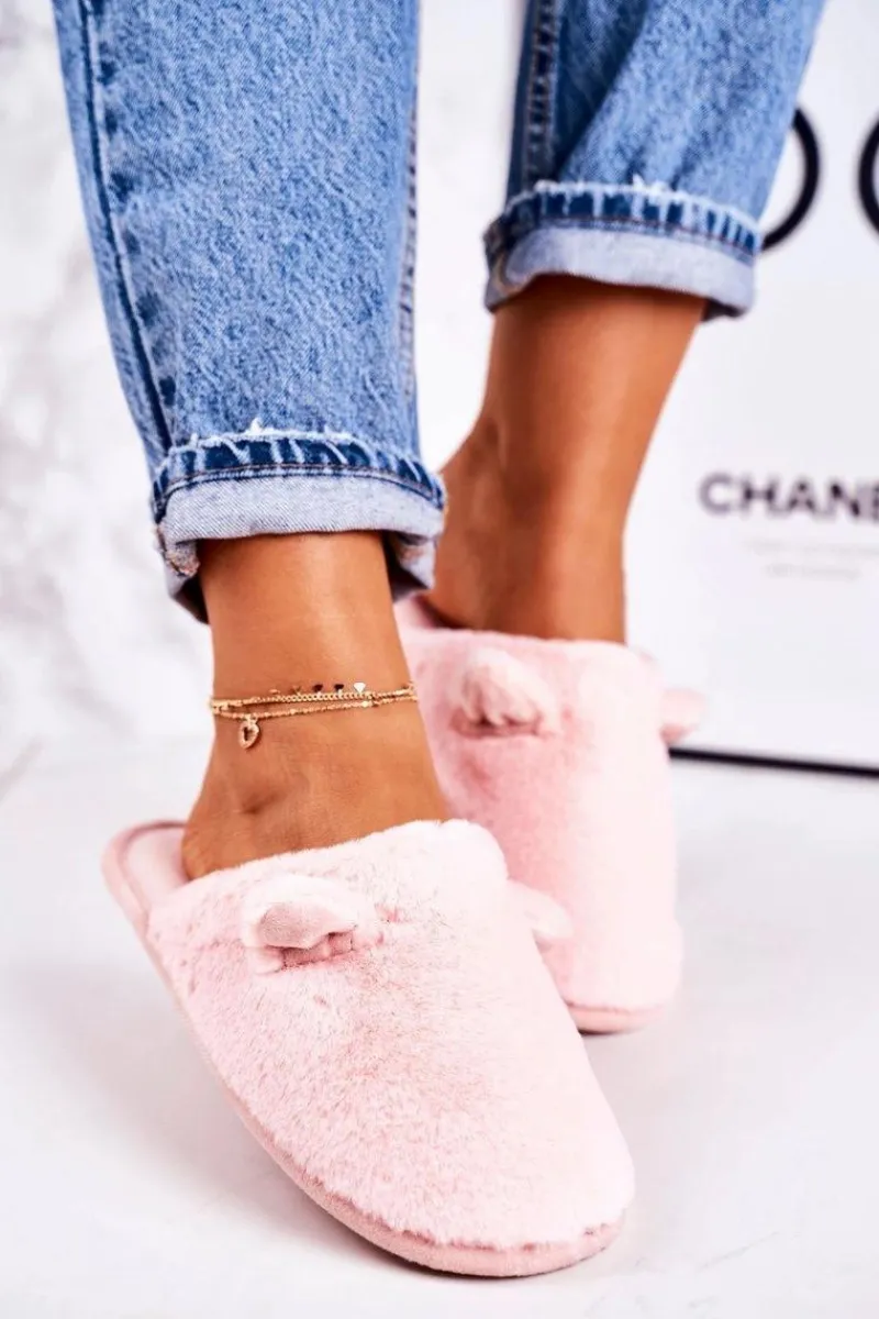 Kapcie Klasyczne>Boto Damskie Futrzane Papcie Z Uszami Jasny Róż Hippo