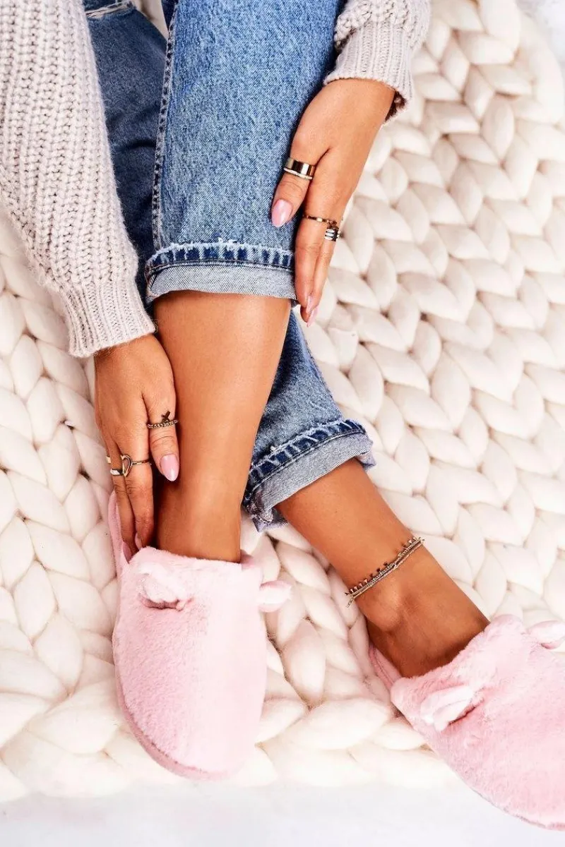 Kapcie Klasyczne>Boto Damskie Futrzane Papcie Z Uszami Jasny Róż Hippo