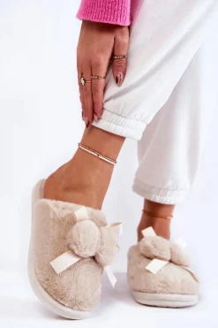 Discount Boto Damskie Futrzane Papcie Z Pomponami Beżowe Castello