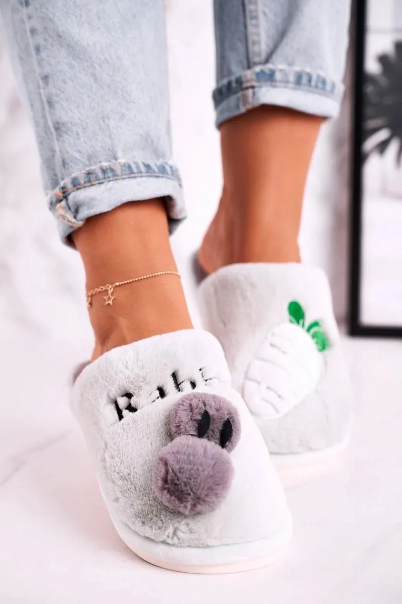 Damskie Futrzane Papcie z Królikiem I Marchewką Zielone Follow Me Damskie Kapcie Klasyczne