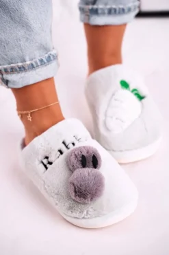 Damskie Futrzane Papcie z Królikiem I Marchewką Zielone Follow Me Damskie Kapcie Klasyczne