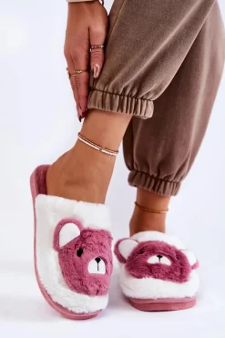 Kapcie Klasyczne>Boto Damskie Futrzane Papcie Z Misiem Różowo-Białe Solly