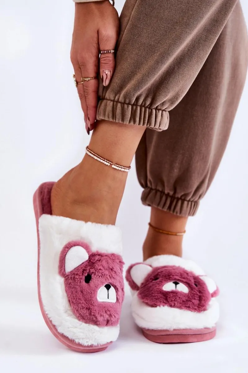 Kapcie Klasyczne>Boto Damskie Futrzane Papcie Z Misiem Różowo-Białe Solly