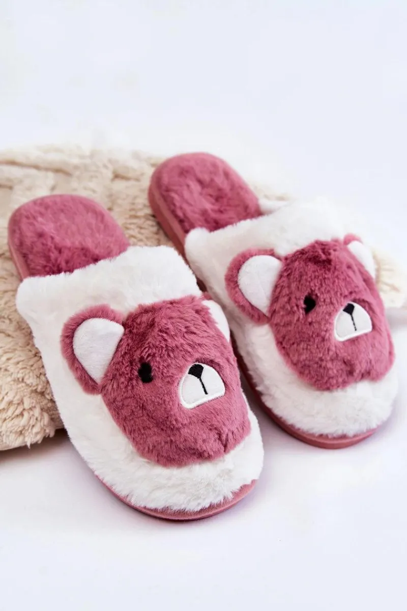 Kapcie Klasyczne>Boto Damskie Futrzane Papcie Z Misiem Różowo-Białe Solly