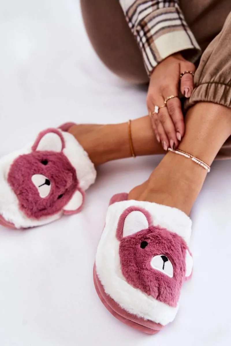 Kapcie Klasyczne>Boto Damskie Futrzane Papcie Z Misiem Różowo-Białe Solly