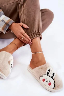 Outlet Damskie Futrzane Papcie Z Królikiem Beżowe Trisha Damskie Kapcie Klasyczne