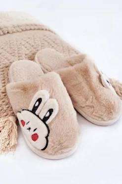 Outlet Damskie Futrzane Papcie Z Królikiem Beżowe Trisha Damskie Kapcie Klasyczne