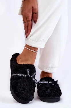 Outlet Boto Damskie Futrzane Papcie Z Kokardką Czarne Ryana