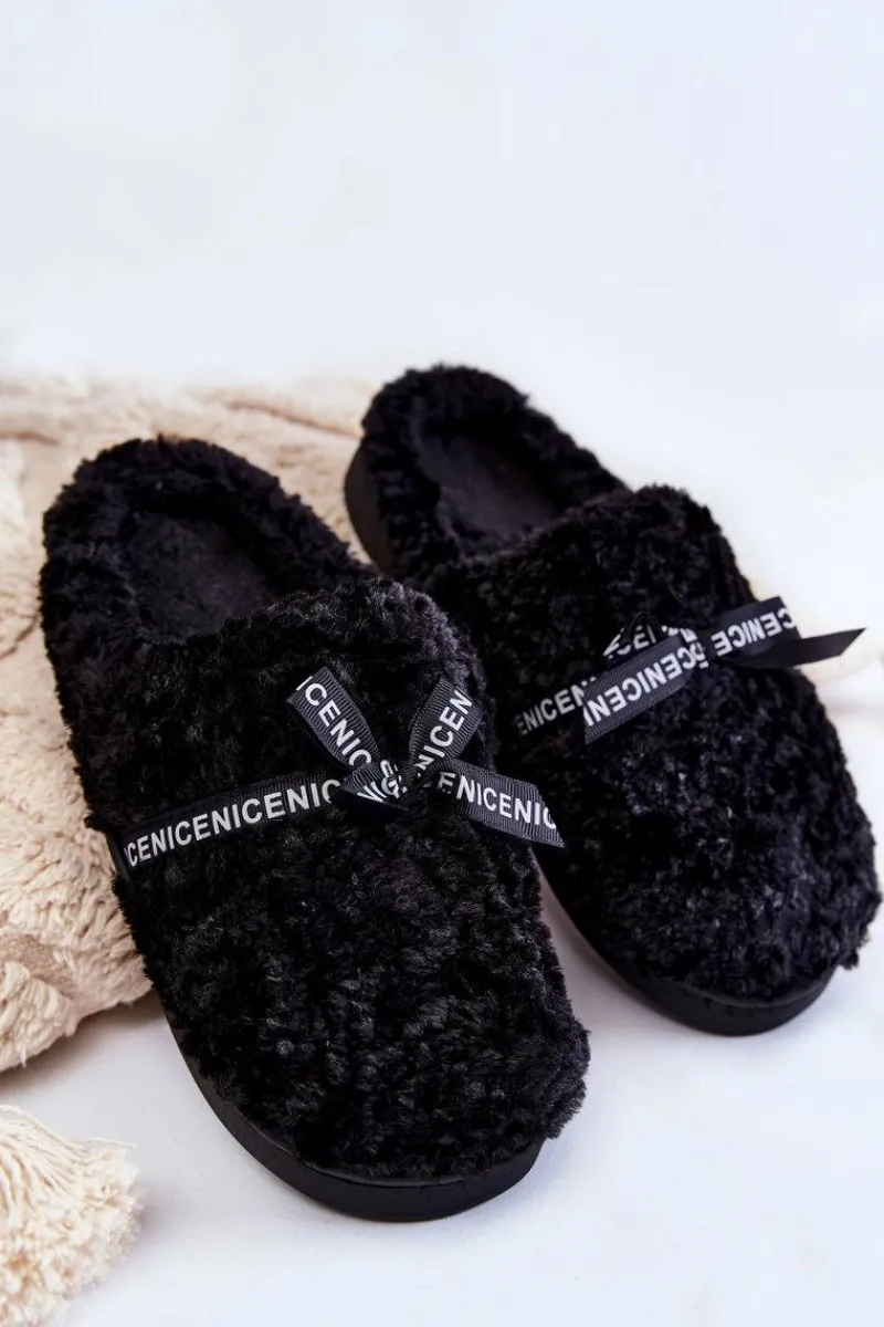 Outlet Boto Damskie Futrzane Papcie Z Kokardką Czarne Ryana