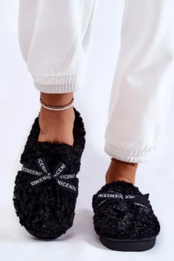 Outlet Boto Damskie Futrzane Papcie Z Kokardką Czarne Ryana