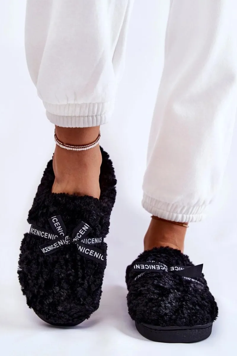 Outlet Boto Damskie Futrzane Papcie Z Kokardką Czarne Ryana