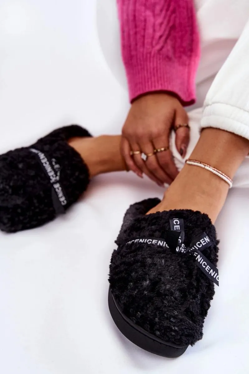 Outlet Boto Damskie Futrzane Papcie Z Kokardką Czarne Ryana