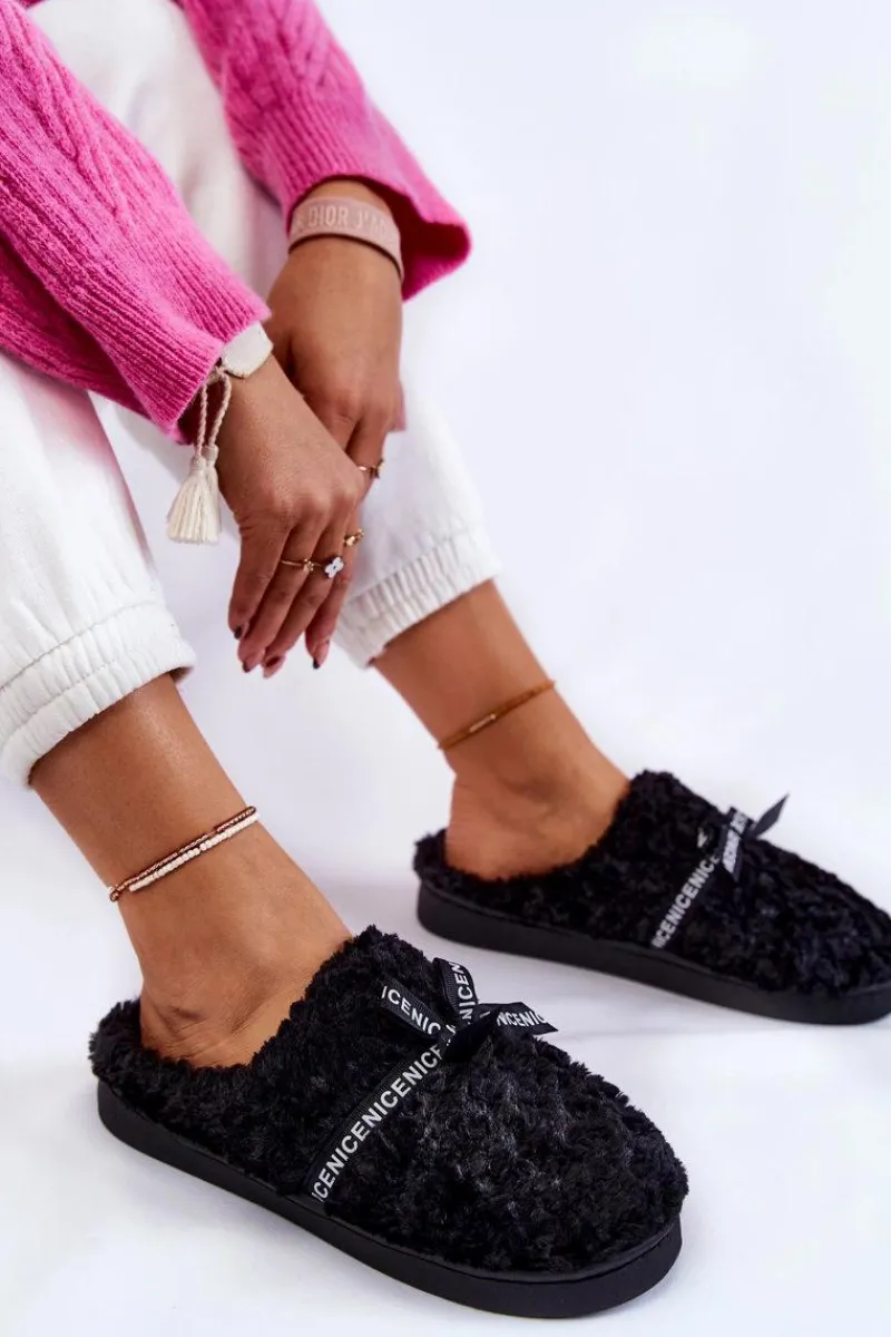 Outlet Boto Damskie Futrzane Papcie Z Kokardką Czarne Ryana