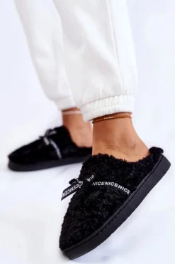 Outlet Boto Damskie Futrzane Papcie Z Kokardką Czarne Ryana