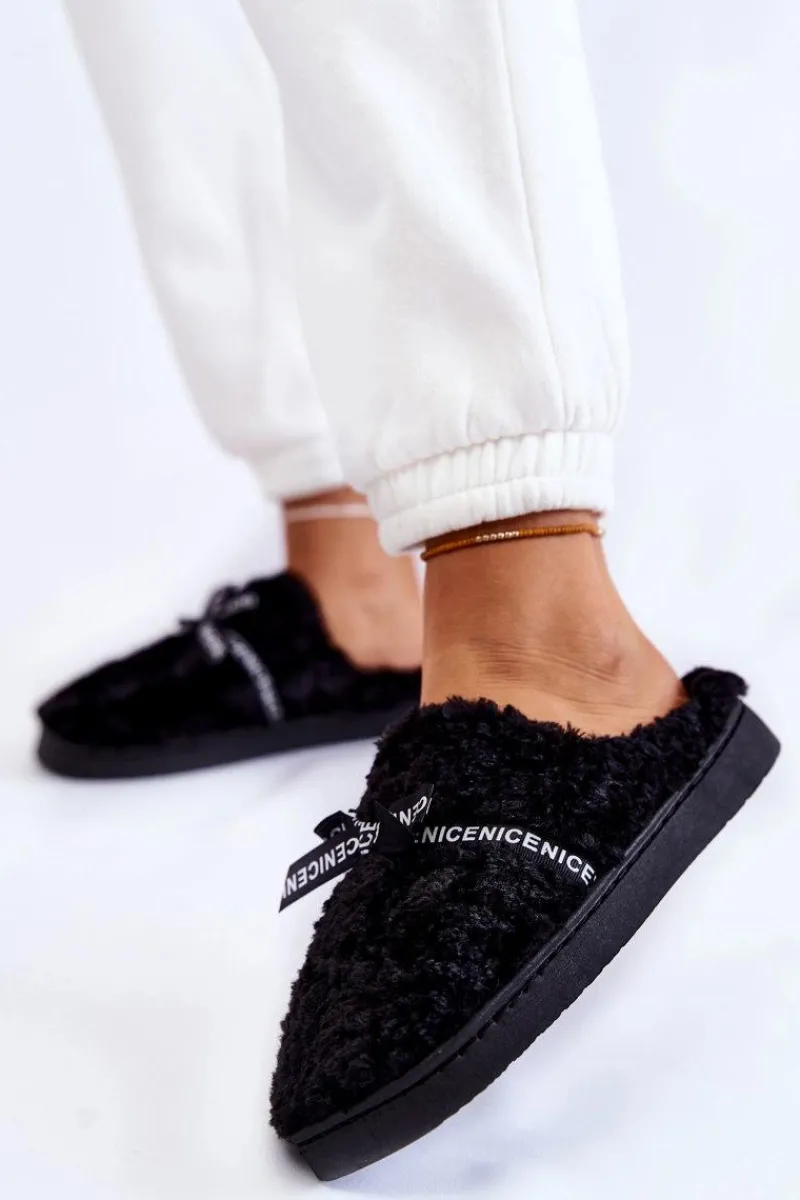 Outlet Boto Damskie Futrzane Papcie Z Kokardką Czarne Ryana