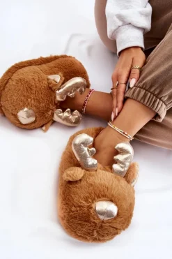 Best Damskie Futrzane Wsuwane Papcie Renifery Jasnobrązowe Comet Damskie Kapcie Klasyczne