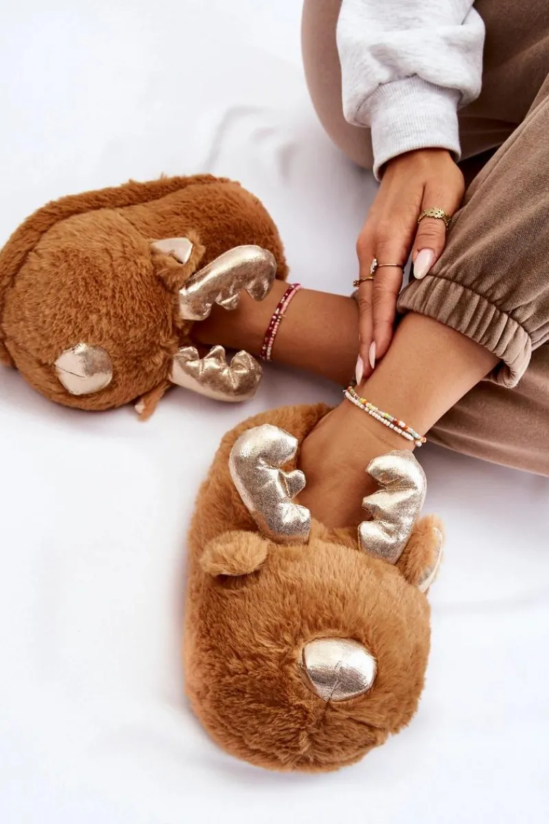 Best Damskie Futrzane Wsuwane Papcie Renifery Jasnobrązowe Comet Damskie Kapcie Klasyczne