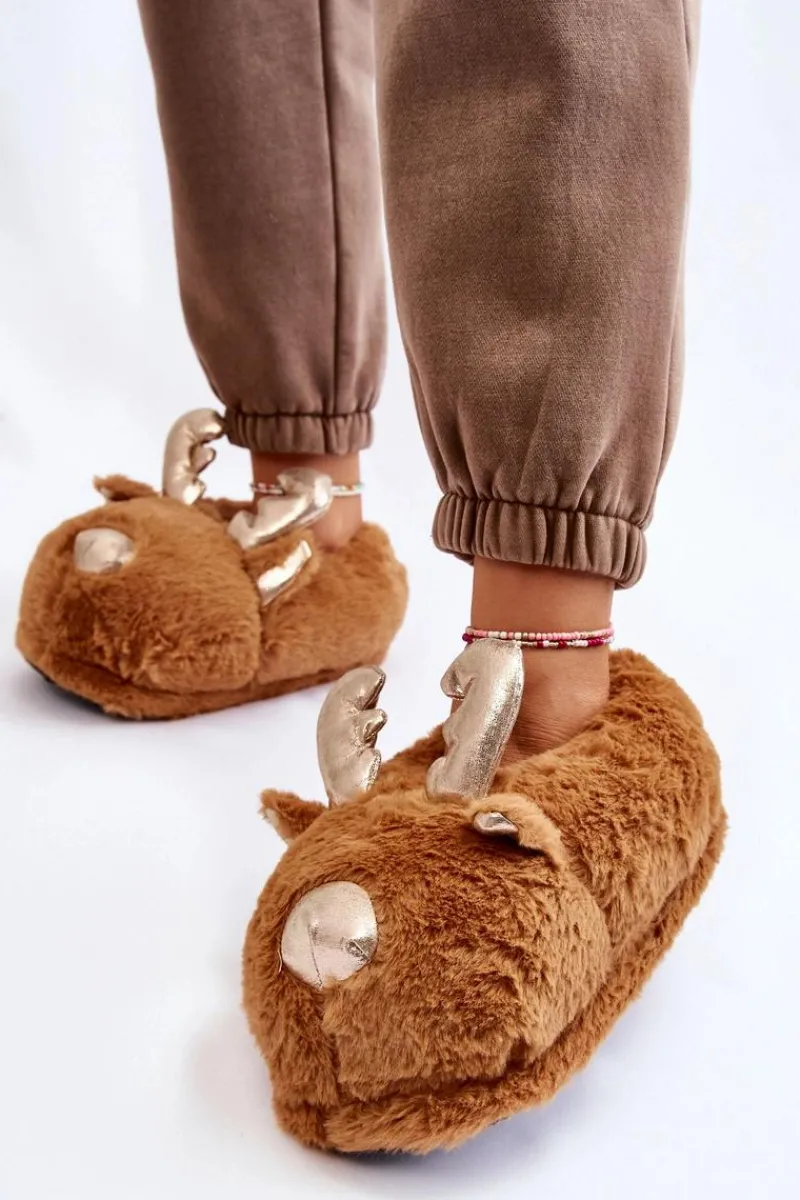 Best Damskie Futrzane Wsuwane Papcie Renifery Jasnobrązowe Comet Damskie Kapcie Klasyczne