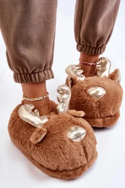 Discount Boto Damskie Futrzane Wsuwane Papcie Renifery Brązowe Comet