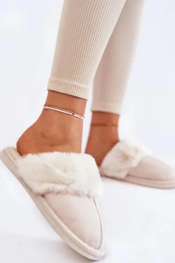 Kapcie Klasyczne>Boto Damskie Gładkie Papcie Z Futerkiem Jasnobeżowe Morisea