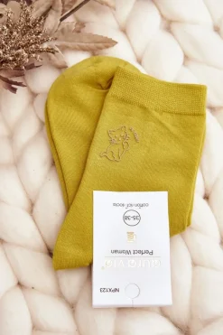 Discount Damskie Gładkie Skarpety Z Kotkiem Żółte Skarpetki|Skarpetki