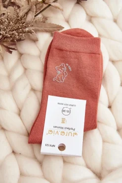 Hot Damskie Gładkie Skarpety Z Kotkiem Pomarańczowe Skarpetki|Skarpetki