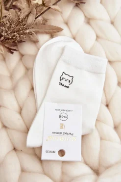 Hot Just Play Damskie Gładkie Skarpety Z Kotkiem Białe