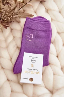 Skarpetki|Skarpetki>Just Play Damskie Gładkie Skarpety Z Kotkiem Fioletowe