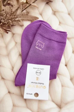 Skarpetki|Skarpetki>Just Play Damskie Gładkie Skarpety Z Kotkiem Fioletowe