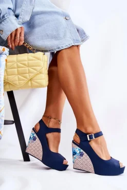 Best Boto Damskie Granatowe Sandały Na Koturnie Nemesis