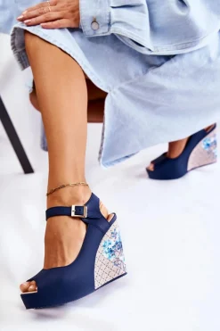 Best Boto Damskie Granatowe Sandały Na Koturnie Nemesis