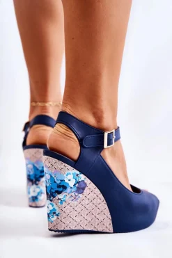 Best Boto Damskie Granatowe Sandały Na Koturnie Nemesis