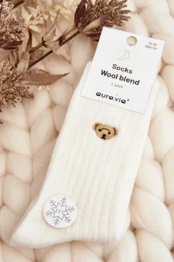 New Aura.via Damskie Grube Skarpety Z Misiem Białe