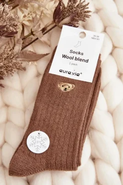 Skarpetki|Skarpetki>Aura.via Damskie Grube Skarpety Z Misiem Brązowe