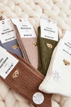 Skarpetki|Skarpetki>Aura.via Damskie Grube Skarpety Z Misiem Brązowe