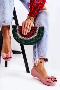 Clearance Damskie Gumowe Baleriny Z Kokardą Różowe Florret Damskie Baleriny Klasyczne