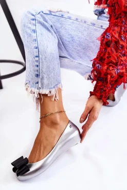 Discount Boto Damskie Gumowe Baleriny Z Kokardą Srebrne Florret