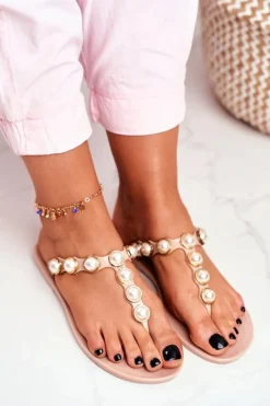 Klapki Damskie Japonki></noscript>Boto Damskie Gumowe Klapki Beżowe Japonki Perełki Edith