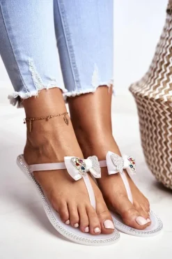 Klapki Damskie Japonki></noscript>Boto Damskie Gumowe Klapki Białe Japonki Cyrkonie Lissy