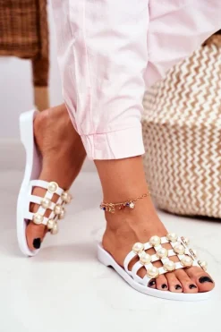 Klapki Damskie Klasyczne>Boto Damskie Gumowe Klapki Białe Perełki Estelle