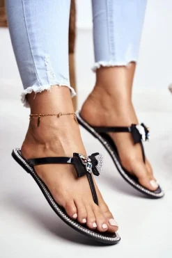 Hot Boto Damskie Gumowe Klapki Czarne Japonki Cyrkonie Lissy