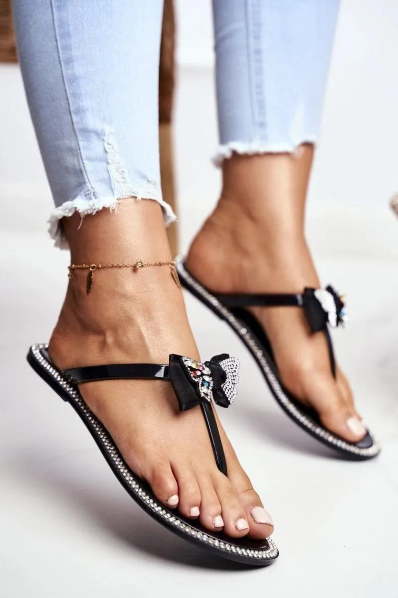 Hot Boto Damskie Gumowe Klapki Czarne Japonki Cyrkonie Lissy