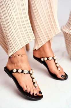 Online Boto Damskie Gumowe Klapki Czarne Japonki Perełki Edith