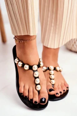 Online Boto Damskie Gumowe Klapki Czarne Japonki Perełki Edith